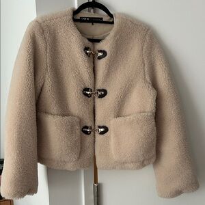 Zara Women's Beige Teddy Jacket with Toggle Closures